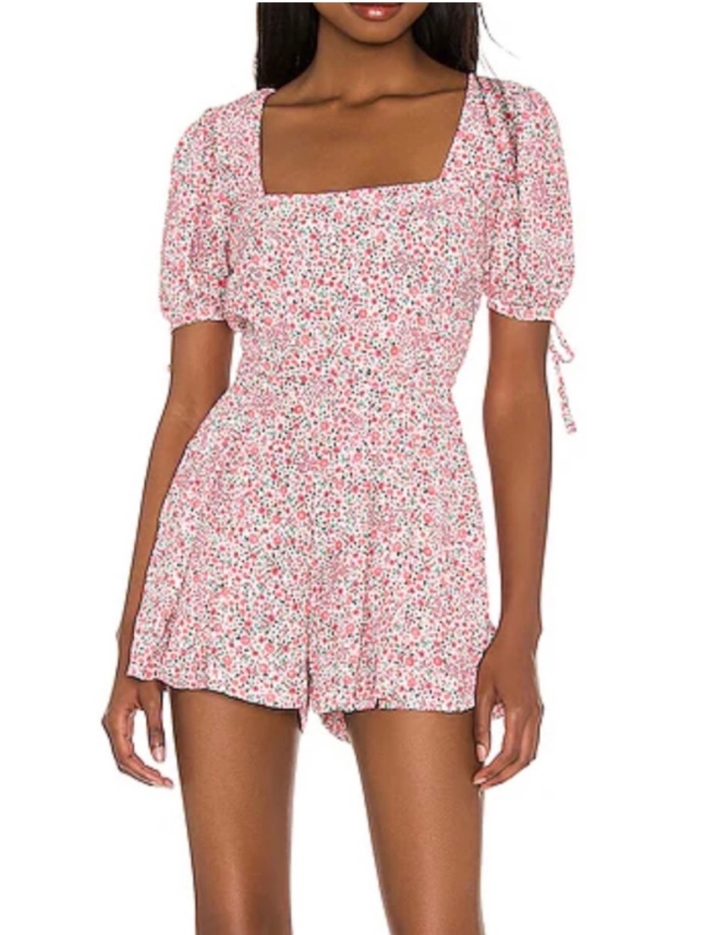 Revolve RESA Penelope Floral Romper Ojai Pink Puff Sleeve Tie Sleeve XS